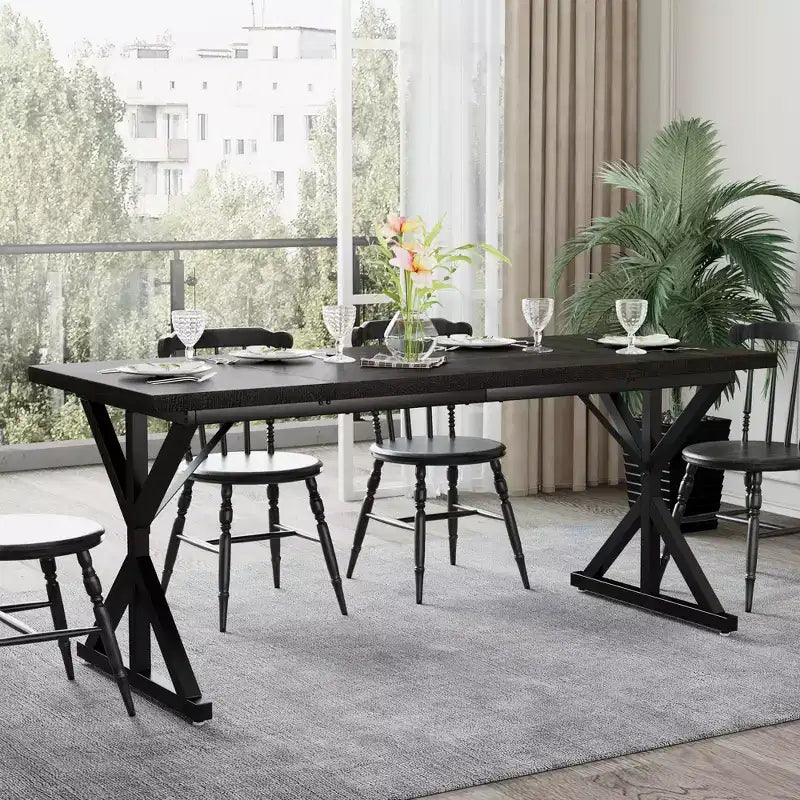 Farmhouse Dining Table for 6 People, 70.8" Rectangular Wood Dining Table with Heavy Duty Metal Legs