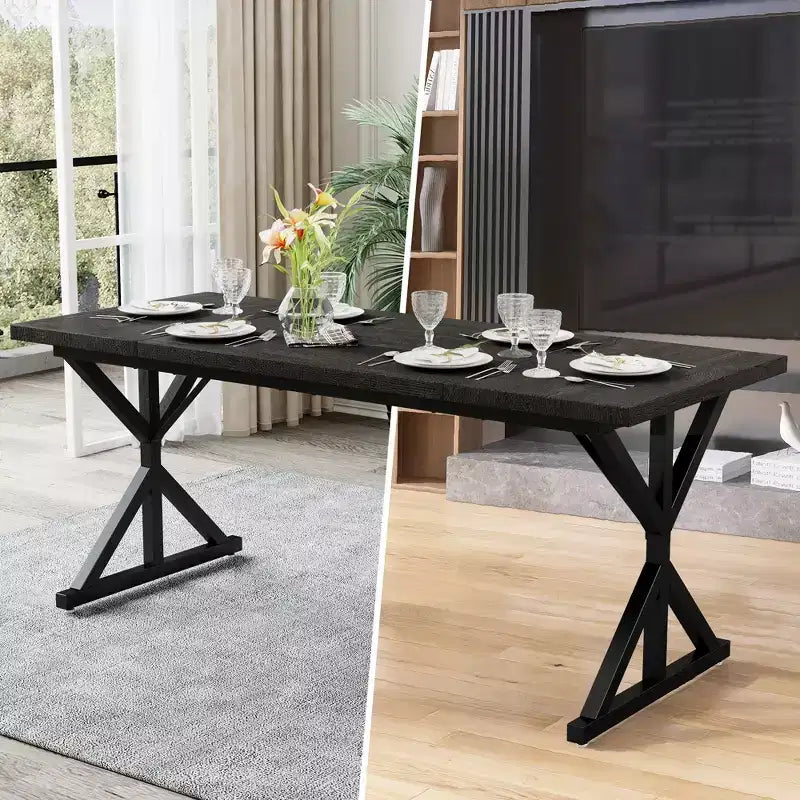 Farmhouse Dining Table for 6 People, 70.8" Rectangular Wood Dining Table with Heavy Duty Metal Legs