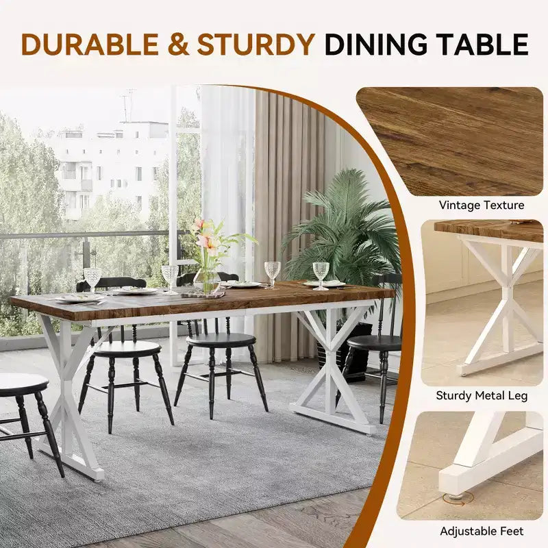 Farmhouse Dining Table for 6 People, 70.8" Rectangular Wood Dining Table with Heavy Duty Metal Legs