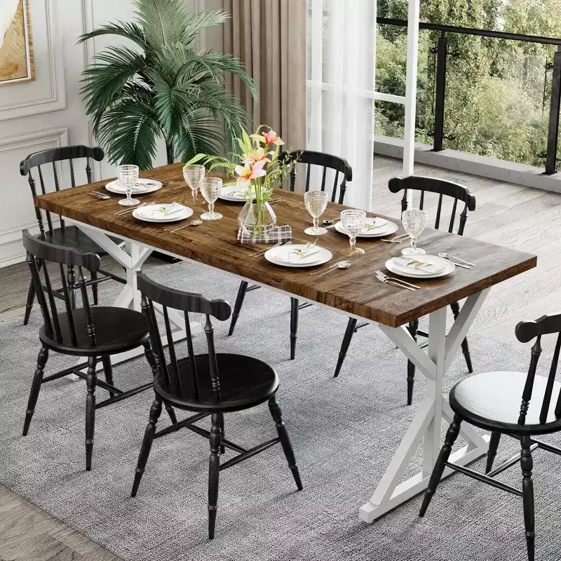 Table de salle à manger de ferme pour 6 personnes, table à manger rectangulaire en bois de 180 cm avec pieds en métal robustes