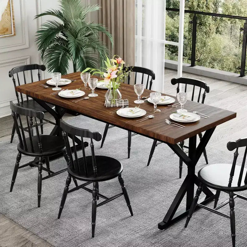 Table de salle à manger de ferme pour 6 personnes, table à manger rectangulaire en bois de 180 cm avec pieds en métal robustes