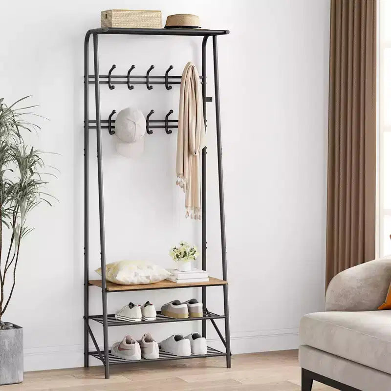 Porte-manteau, Meuble d'entrée 4 en 1, Banc à chaussures et Portant avec cadre en métal, Étagère à 3 niveaux et 10 crochets pour Entrée, Couloir, Chambre à coucher