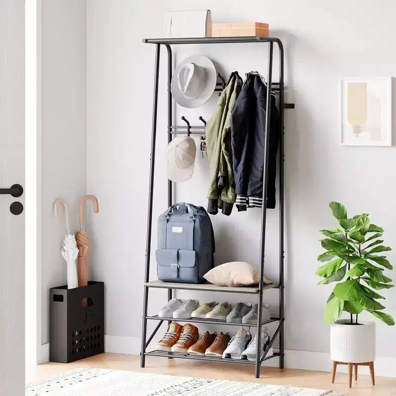 Porte-manteau, Meuble d'entrée 4 en 1, Banc à chaussures et Portant avec cadre en métal, Étagère à 3 niveaux et 10 crochets pour Entrée, Couloir, Chambre à coucher