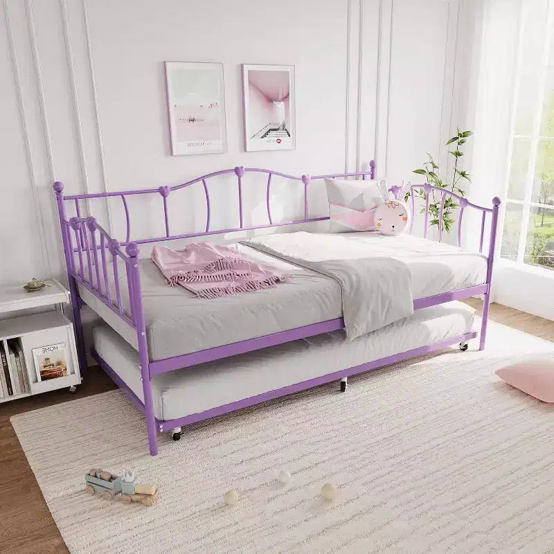 Purple Metal Twin Daybed with Pullout Trundle Bed, Love-Heart Design, Steel Slat Support, No Box Spring Needed, Space-Saving Sofa Bed