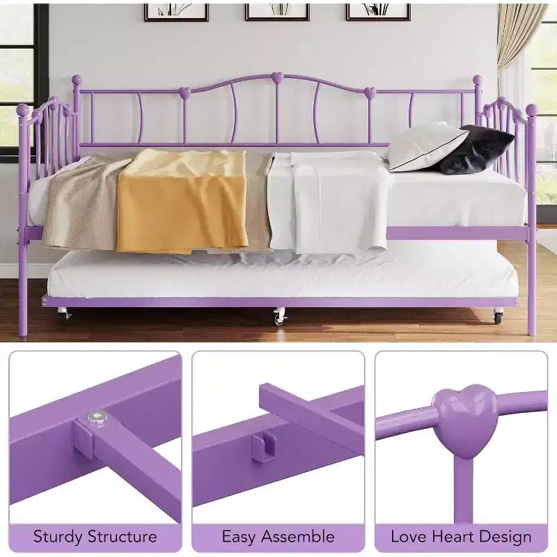Purple Metal Twin Daybed with Pullout Trundle Bed, Love-Heart Design, Steel Slat Support, No Box Spring Needed, Space-Saving Sofa Bed