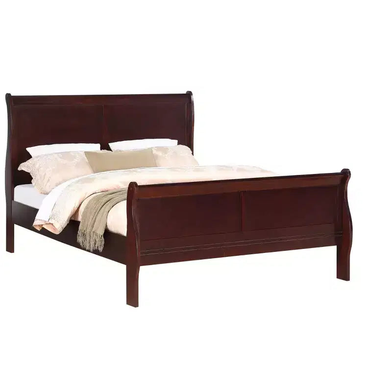 80" King Sleigh Bed, Solid Wood Youth Bed Frame with Headboard & Footboard, Low Profile, Cherry