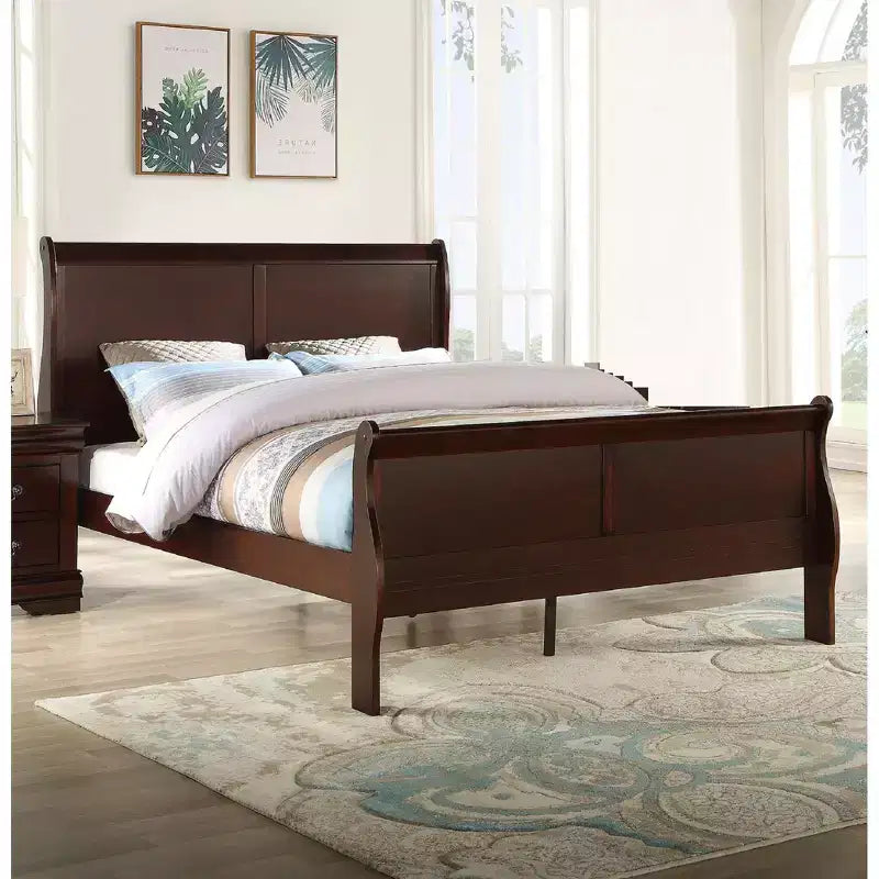 80" King Sleigh Bed, Solid Wood Youth Bed Frame with Headboard & Footboard, Low Profile, Cherry