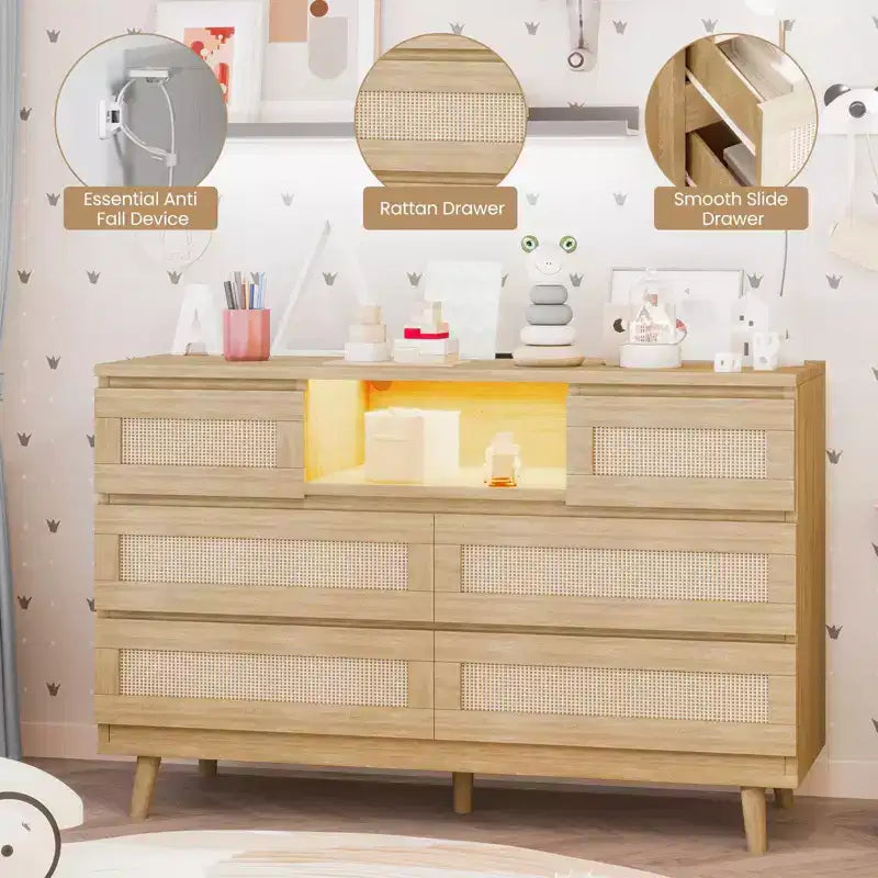 Natural Rattan 6-Drawer Dresser - 47.2W x 15.7D x 31.5H w/LED Light & Charging Station, Farmhouse Chest for Bedroom/Living Room/Nursery