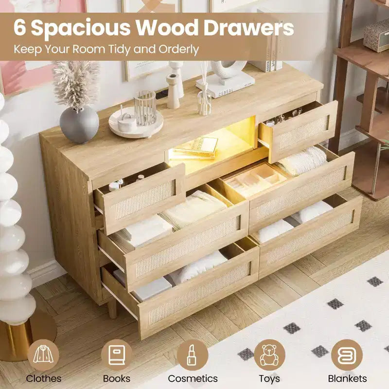 Natural Rattan 6-Drawer Dresser - 47.2W x 15.7D x 31.5H w/LED Light & Charging Station, Farmhouse Chest for Bedroom/Living Room/Nursery