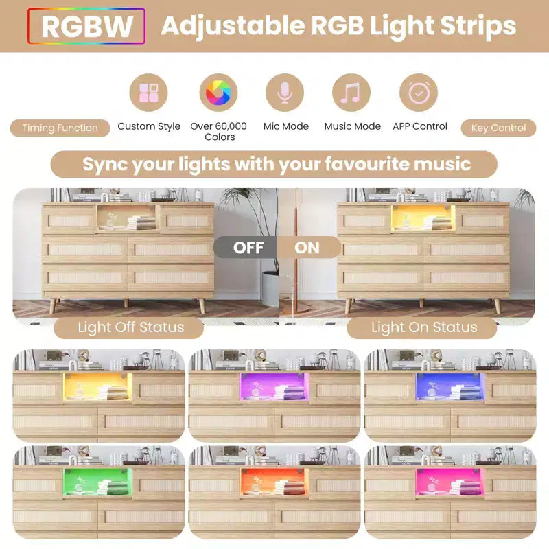 Natural Rattan 6-Drawer Dresser - 47.2W x 15.7D x 31.5H w/LED Light & Charging Station, Farmhouse Chest for Bedroom/Living Room/Nursery
