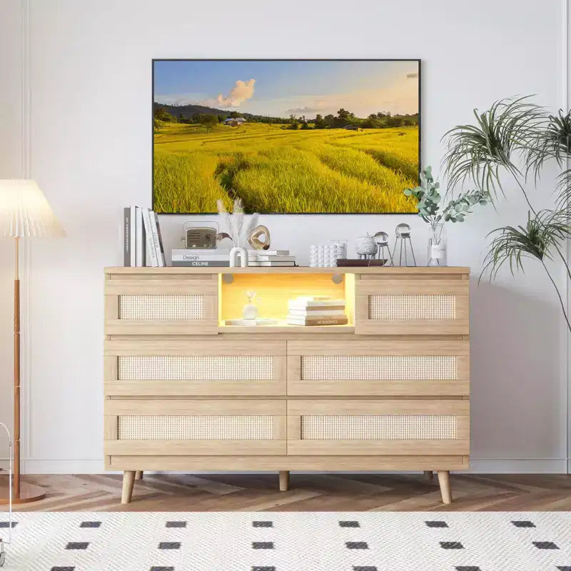 Natural Rattan 6-Drawer Dresser - 47.2W x 15.7D x 31.5H w/LED Light & Charging Station, Farmhouse Chest for Bedroom/Living Room/Nursery