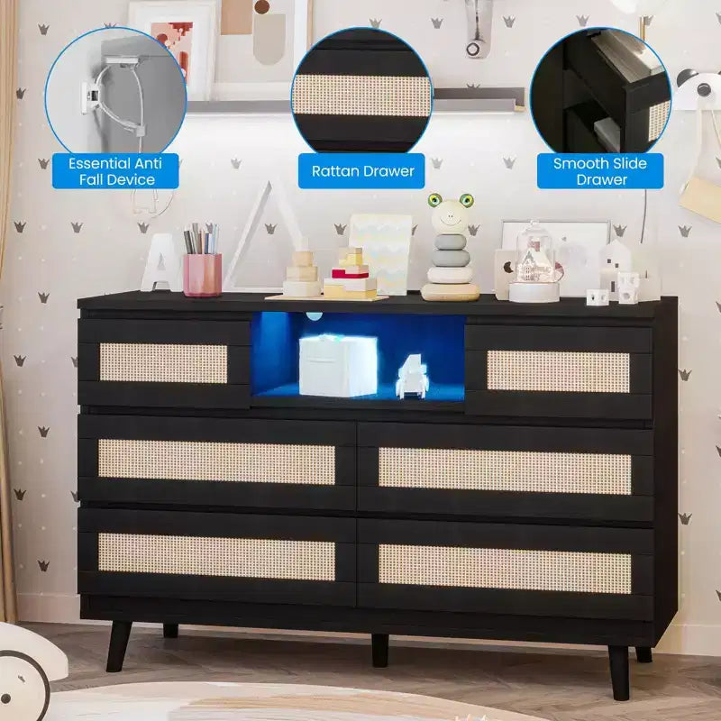 Natural Rattan 6-Drawer Dresser - 47.2W x 15.7D x 31.5H w/LED Light & Charging Station, Farmhouse Chest for Bedroom/Living Room/Nursery