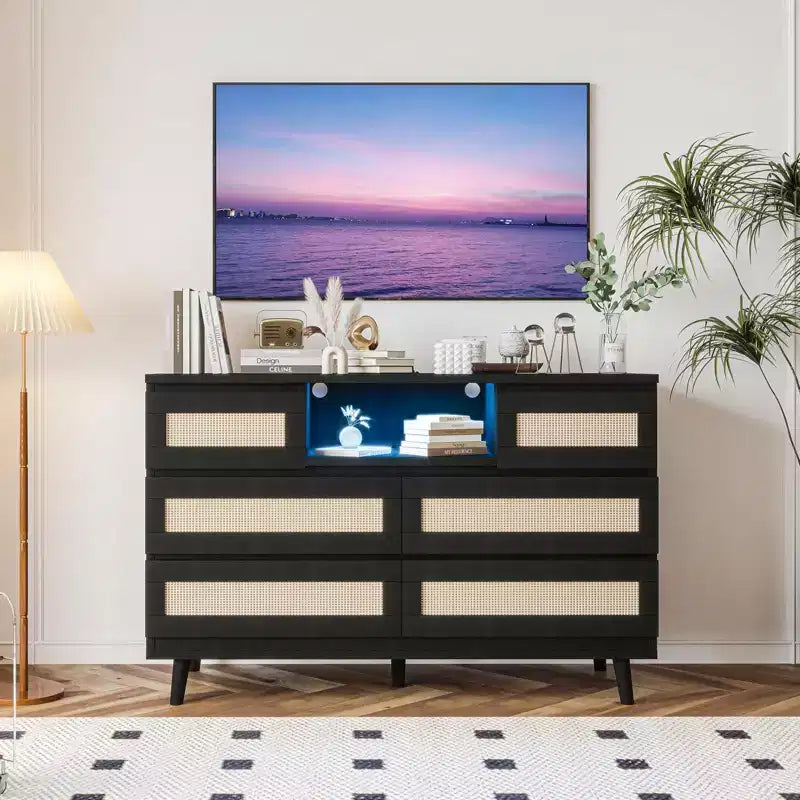 Natural Rattan 6-Drawer Dresser - 47.2W x 15.7D x 31.5H w/LED Light & Charging Station, Farmhouse Chest for Bedroom/Living Room/Nursery