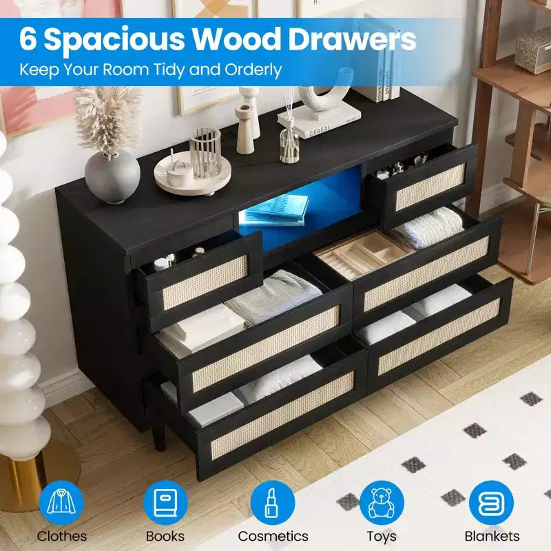 Natural Rattan 6-Drawer Dresser - 47.2W x 15.7D x 31.5H w/LED Light & Charging Station, Farmhouse Chest for Bedroom/Living Room/Nursery