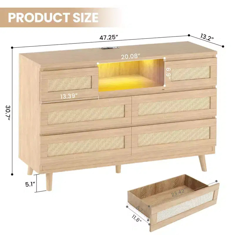 Natural Rattan 6-Drawer Dresser - 47.2W x 15.7D x 31.5H w/LED Light & Charging Station, Farmhouse Chest for Bedroom/Living Room/Nursery