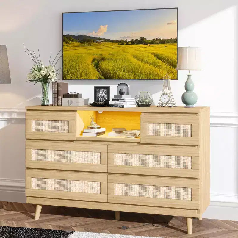 Natural Rattan 6-Drawer Dresser - 47.2W x 15.7D x 31.5H w/LED Light & Charging Station, Farmhouse Chest for Bedroom/Living Room/Nursery