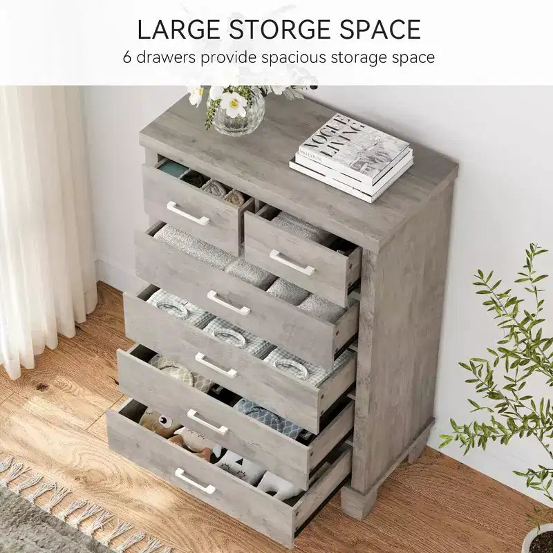 Dresser for Bedroom with 6 Drawers, 45 Tall Chests of Drawers w/Storage, Large Drawer Dresser for Closet, Wooden Storage Cabinet for Entryway