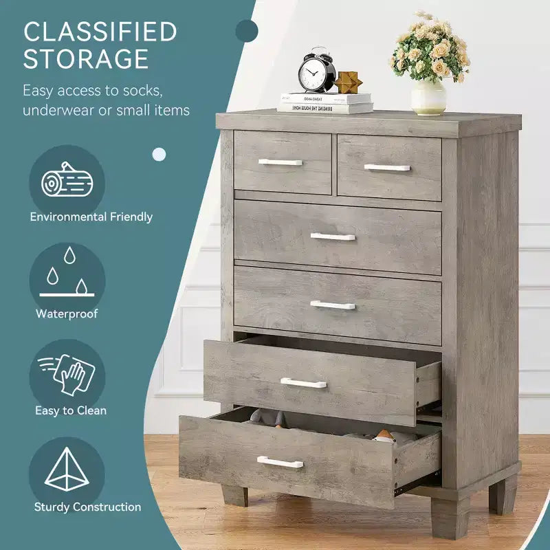 Dresser for Bedroom with 6 Drawers, 45 Tall Chests of Drawers w/Storage, Large Drawer Dresser for Closet, Wooden Storage Cabinet for Entryway