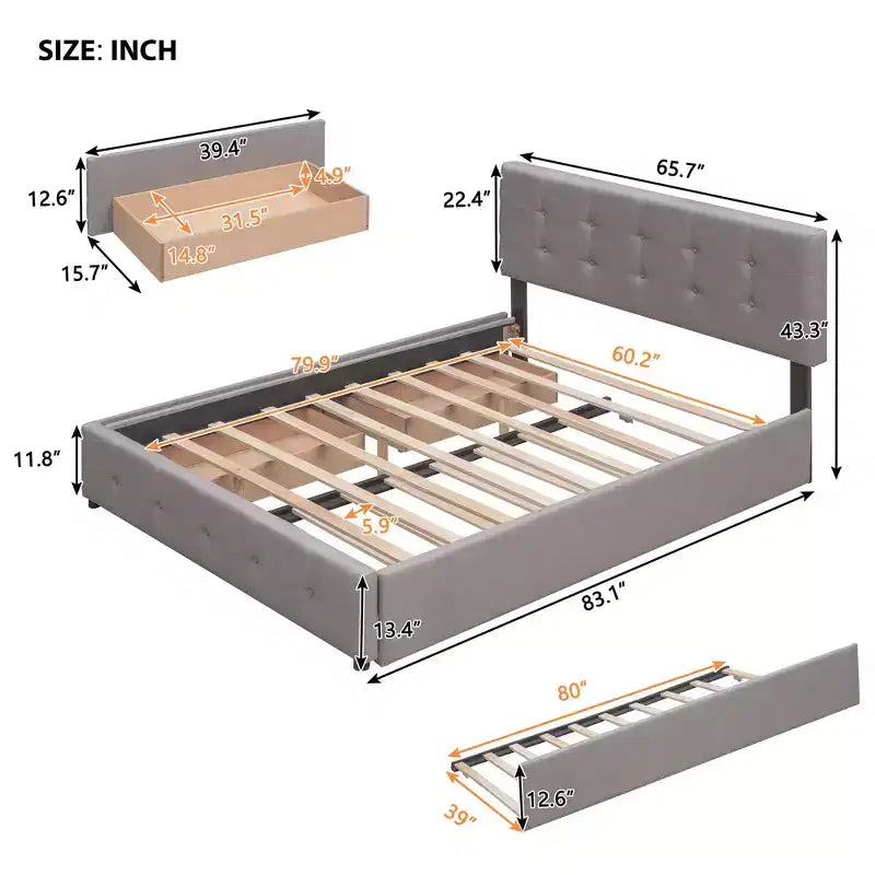 Upholstered Platform Bed with 2 Drawers and 1 Twin XL Trundle Linen Fabric Queen Size - Dark Beige