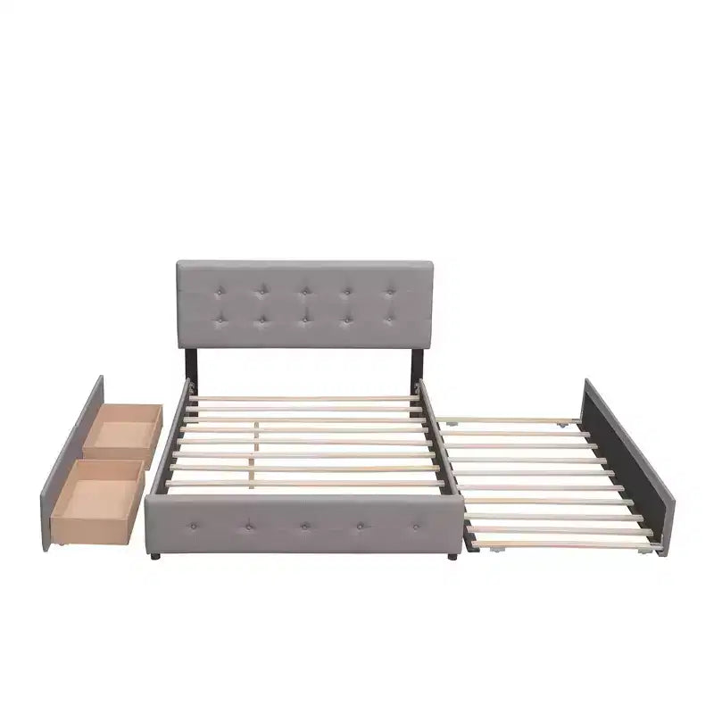 Upholstered Platform Bed with 2 Drawers and 1 Twin XL Trundle Linen Fabric Queen Size - Dark Beige