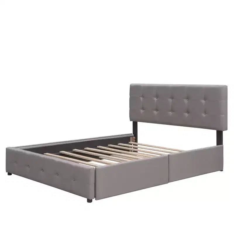 Upholstered Platform Bed with 2 Drawers and 1 Twin XL Trundle Linen Fabric Queen Size - Dark Beige