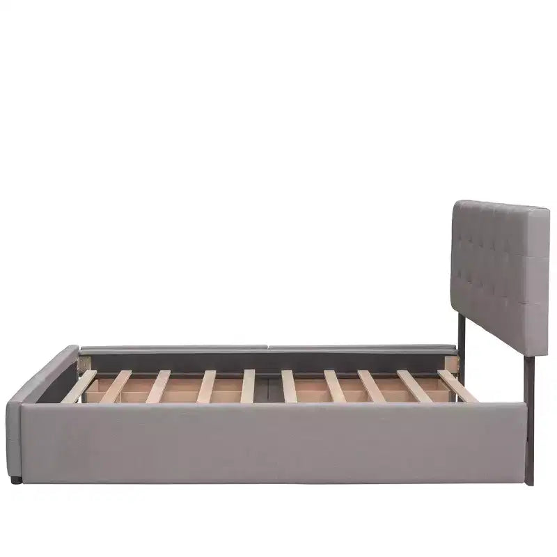 Upholstered Platform Bed with 2 Drawers and 1 Twin XL Trundle Linen Fabric Queen Size - Dark Beige