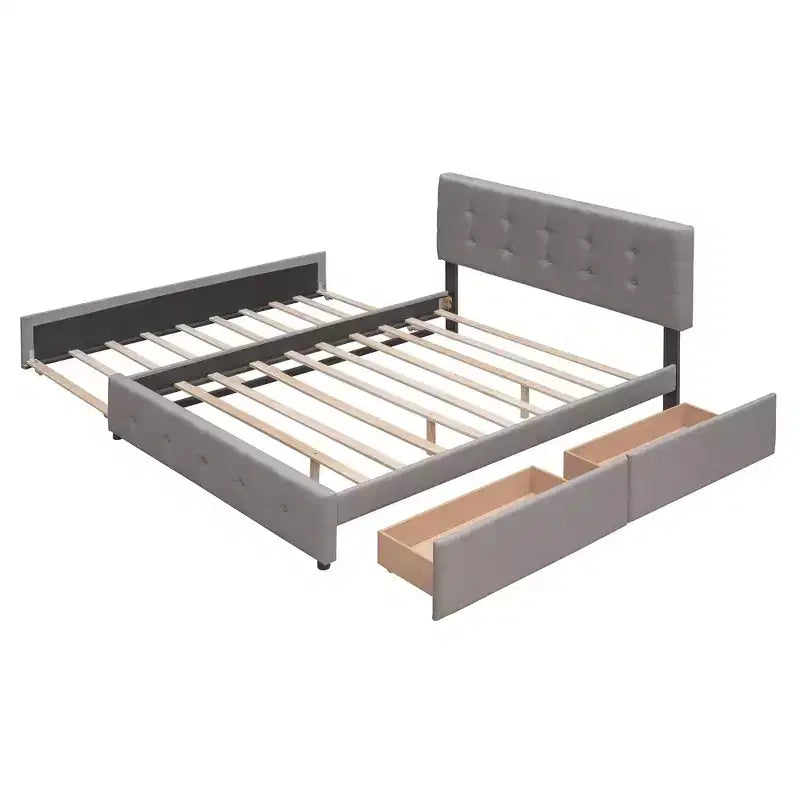 Upholstered Platform Bed with 2 Drawers and 1 Twin XL Trundle Linen Fabric Queen Size - Dark Beige