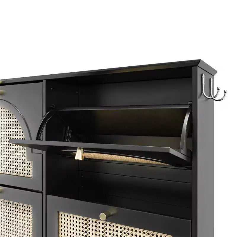Narrow Tipping Bucket Shoe Rack & Cabinet with 4 Flip Drawers, Rattan Doors & 2 Hooks