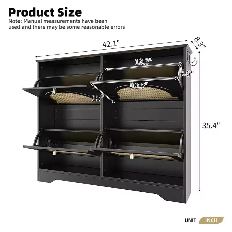 Narrow Tipping Bucket Shoe Rack & Cabinet with 4 Flip Drawers, Rattan Doors & 2 Hooks