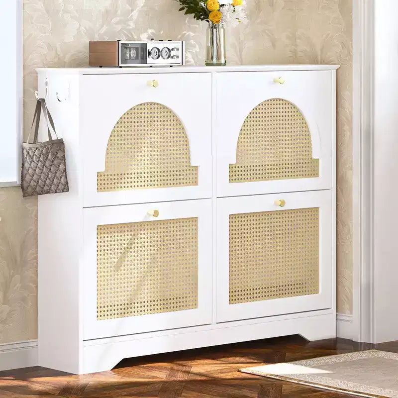 Narrow Tipping Bucket Shoe Rack & Cabinet with 4 Flip Drawers, Rattan Doors & 2 Hooks