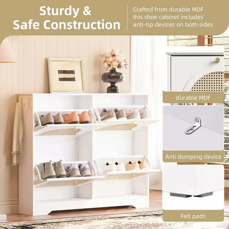 Narrow Tipping Bucket Shoe Rack & Cabinet with 4 Flip Drawers, Rattan Doors & 2 Hooks