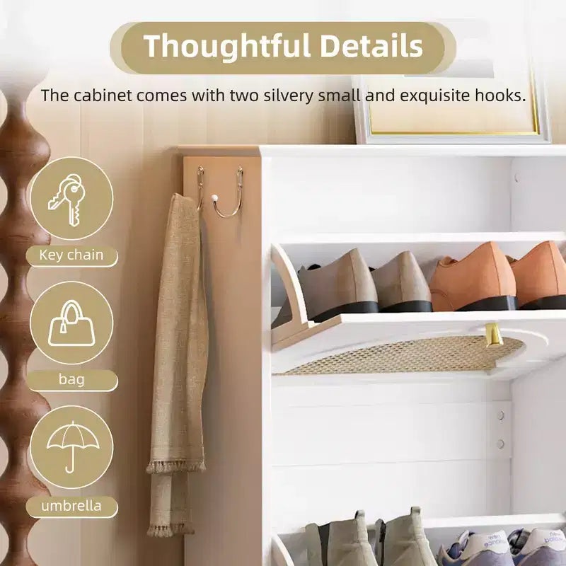 Narrow Tipping Bucket Shoe Rack & Cabinet with 4 Flip Drawers, Rattan Doors & 2 Hooks