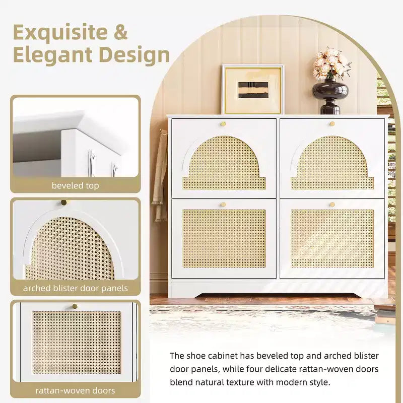 Narrow Tipping Bucket Shoe Rack & Cabinet with 4 Flip Drawers, Rattan Doors & 2 Hooks
