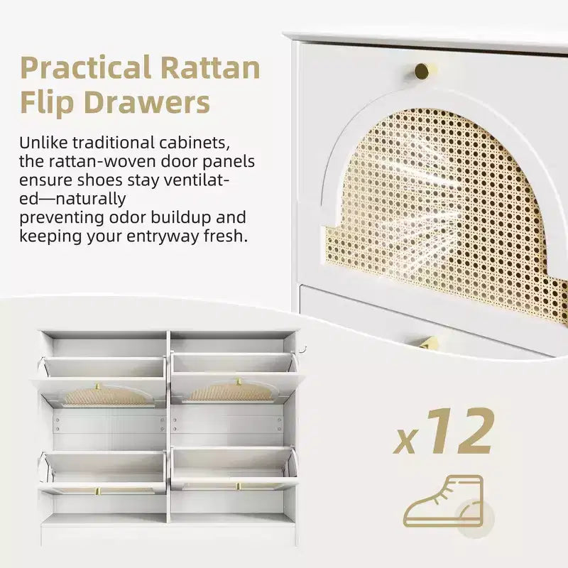Narrow Tipping Bucket Shoe Rack & Cabinet with 4 Flip Drawers, Rattan Doors & 2 Hooks
