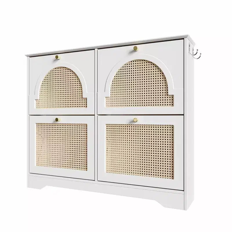 Narrow Tipping Bucket Shoe Rack & Cabinet with 4 Flip Drawers, Rattan Doors & 2 Hooks