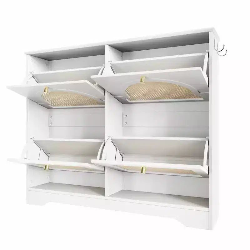 Narrow Tipping Bucket Shoe Rack & Cabinet with 4 Flip Drawers, Rattan Doors & 2 Hooks