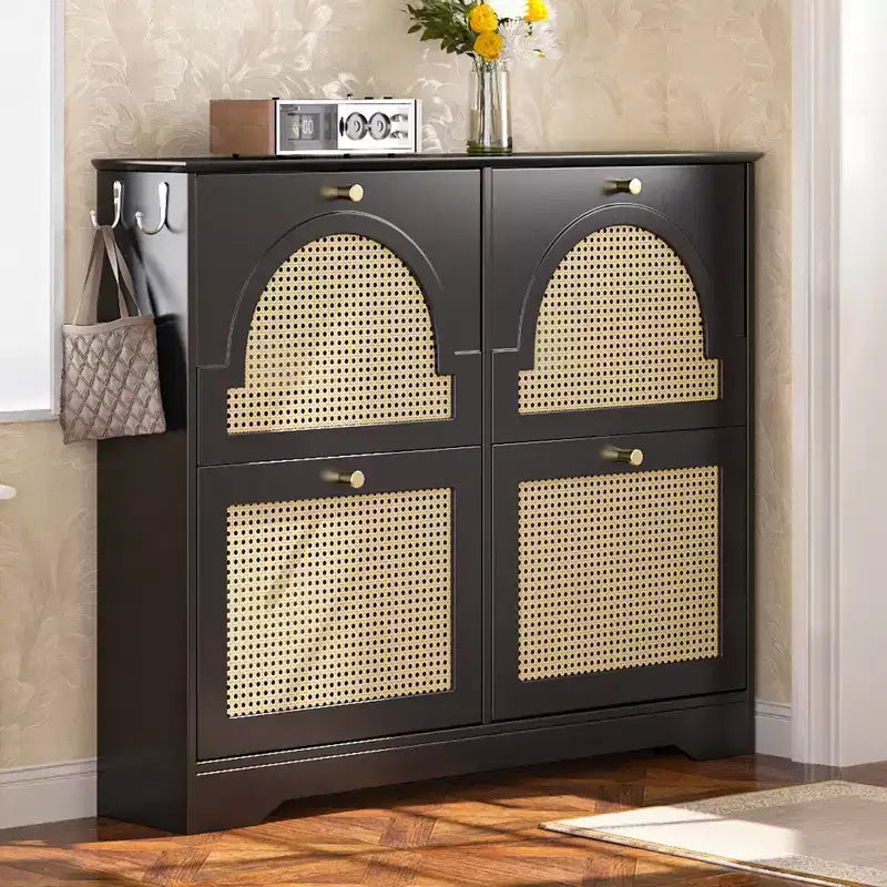 Narrow Tipping Bucket Shoe Rack & Cabinet with 4 Flip Drawers, Rattan Doors & 2 Hooks