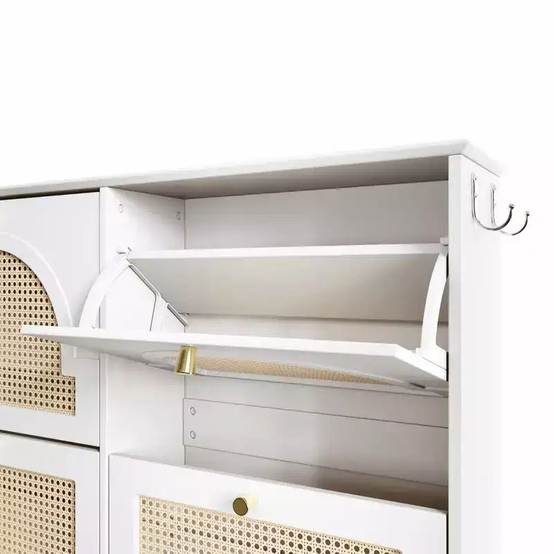Narrow Tipping Bucket Shoe Rack & Cabinet with 4 Flip Drawers, Rattan Doors & 2 Hooks