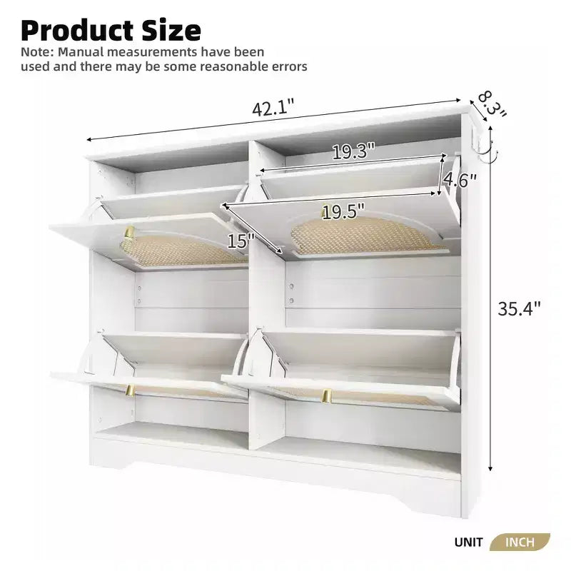 Narrow Tipping Bucket Shoe Rack & Cabinet with 4 Flip Drawers, Rattan Doors & 2 Hooks
