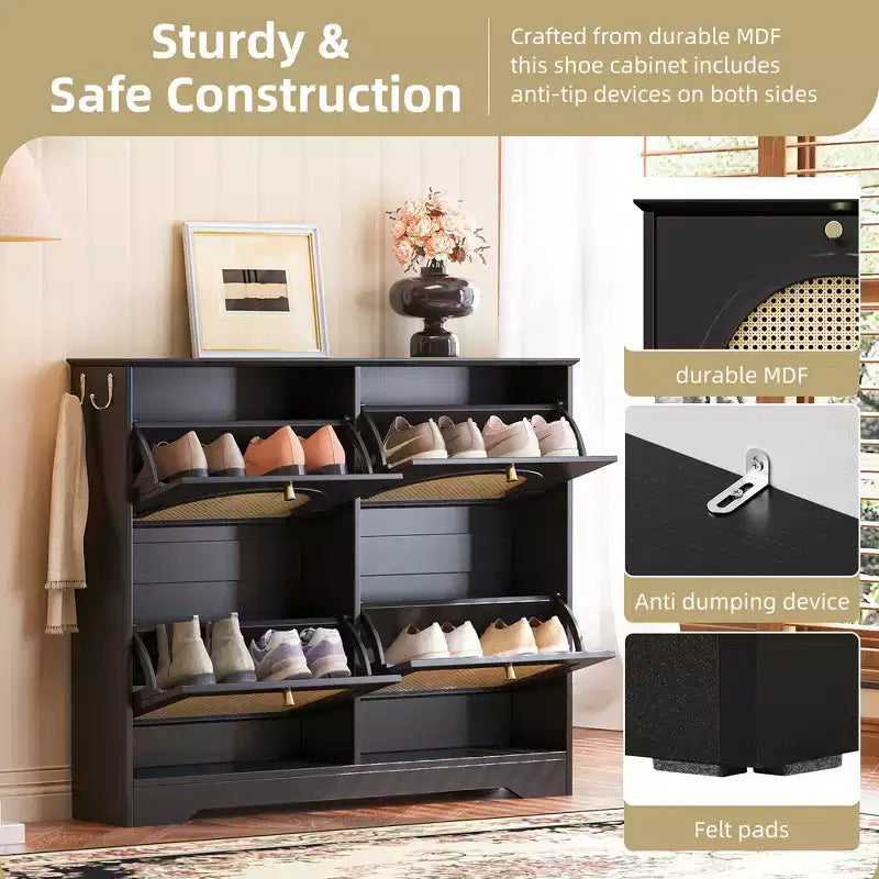Narrow Tipping Bucket Shoe Rack & Cabinet with 4 Flip Drawers, Rattan Doors & 2 Hooks