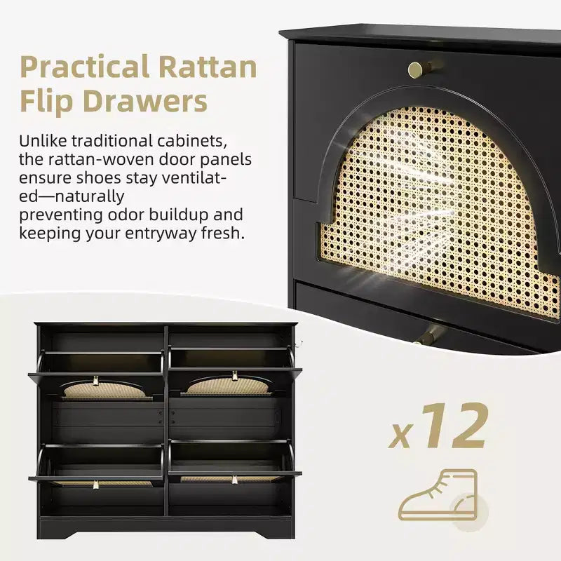 Narrow Tipping Bucket Shoe Rack & Cabinet with 4 Flip Drawers, Rattan Doors & 2 Hooks