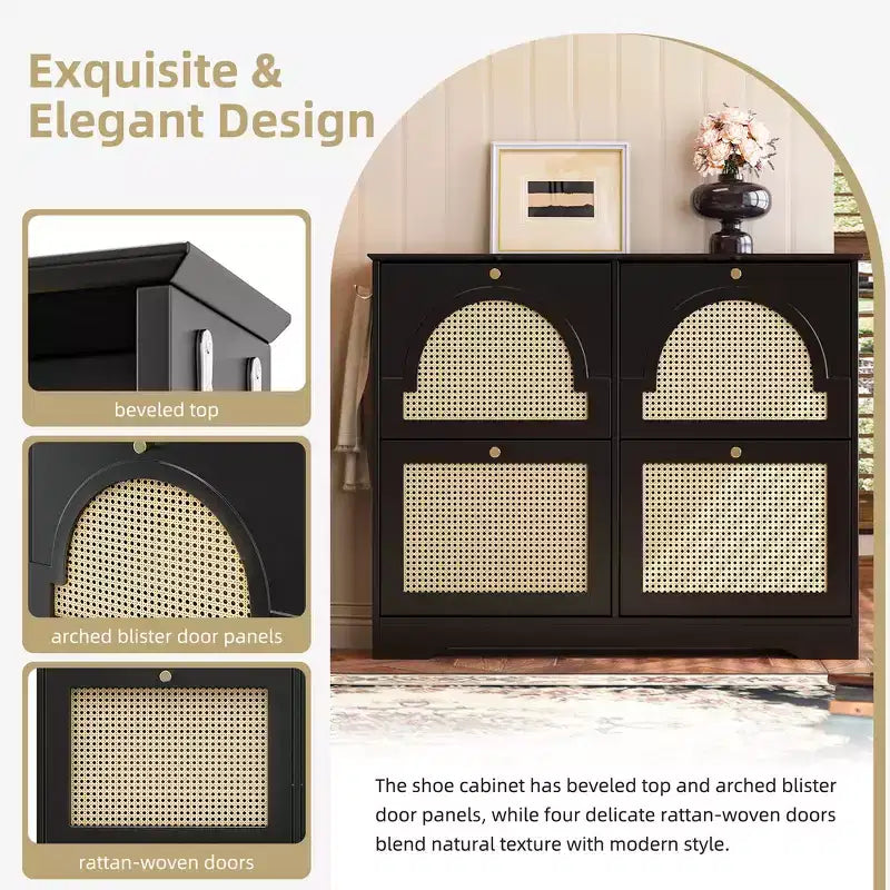 Narrow Tipping Bucket Shoe Rack & Cabinet with 4 Flip Drawers, Rattan Doors & 2 Hooks