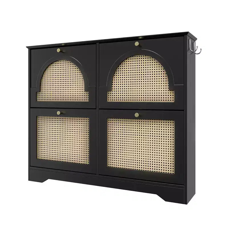 Narrow Tipping Bucket Shoe Rack & Cabinet with 4 Flip Drawers, Rattan Doors & 2 Hooks