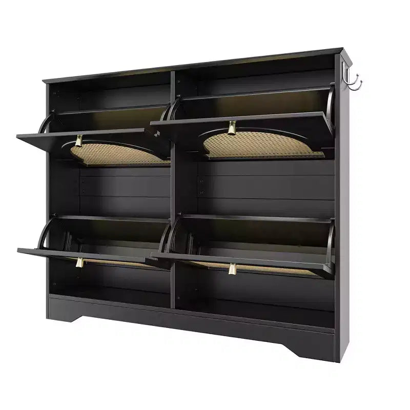 Narrow Tipping Bucket Shoe Rack & Cabinet with 4 Flip Drawers, Rattan Doors & 2 Hooks