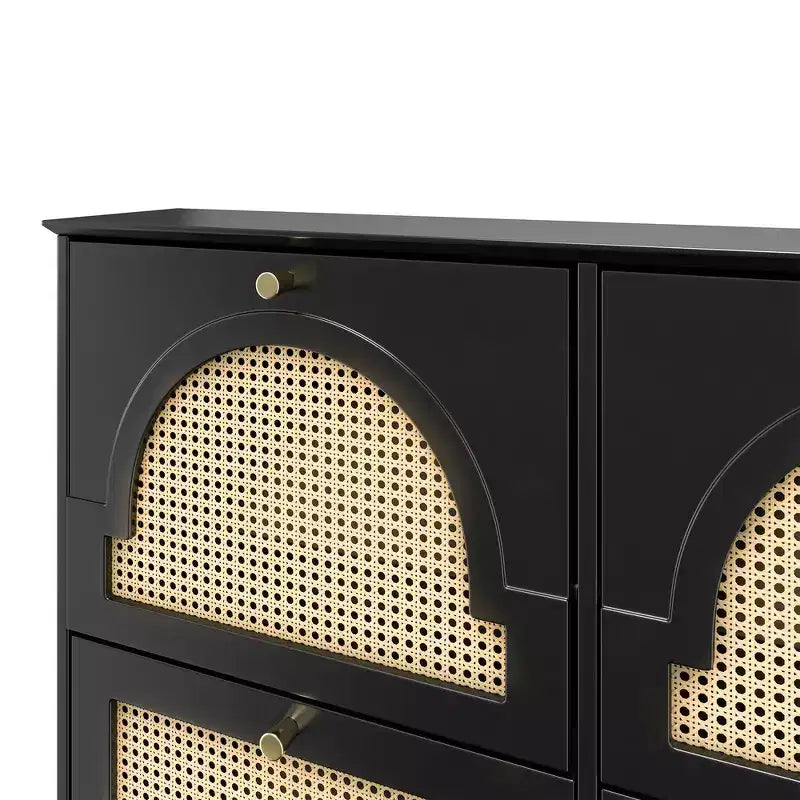 Narrow Tipping Bucket Shoe Rack & Cabinet with 4 Flip Drawers, Rattan Doors & 2 Hooks