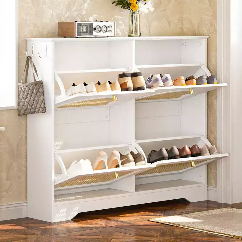 Narrow Tipping Bucket Shoe Rack & Cabinet with 4 Flip Drawers, Rattan Doors & 2 Hooks