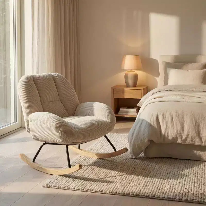 Corduroy Rocking Accent Chair, Fabric Upholstered, Beige