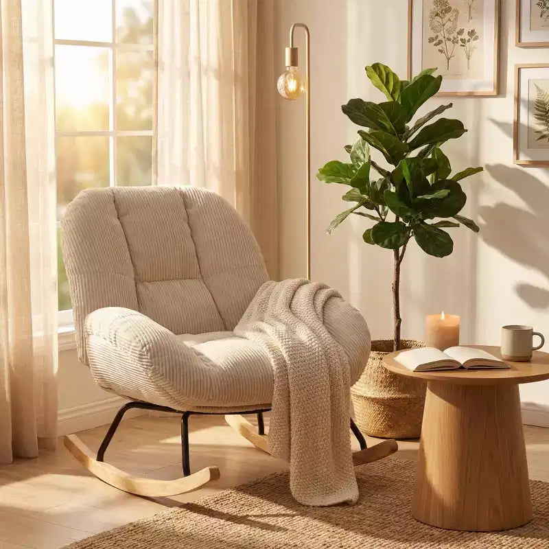 Corduroy Rocking Accent Chair, Fabric Upholstered, Beige