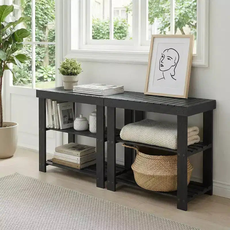 Bamboo Entryway Shoe Bench with 2-Tier Storage Shelf for Entryway& Living Room