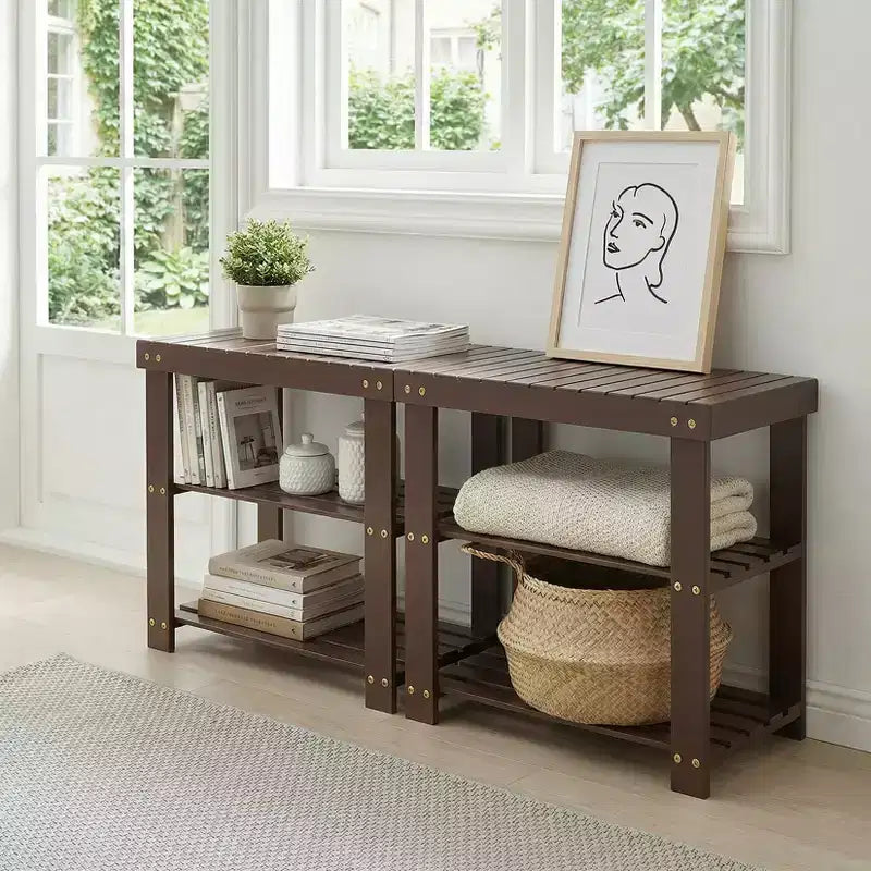 Bamboo Entryway Shoe Bench with 2-Tier Storage Shelf for Entryway& Living Room